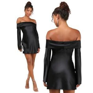 Lulus Luxurious Vision Black Satin Off-the-Shoulder Mini Dress size XL NWT